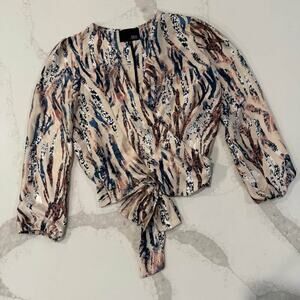 Kaii LosAngeles Animal Print LongSleeve Surplice TieBlouse Womens Small FauxWrap